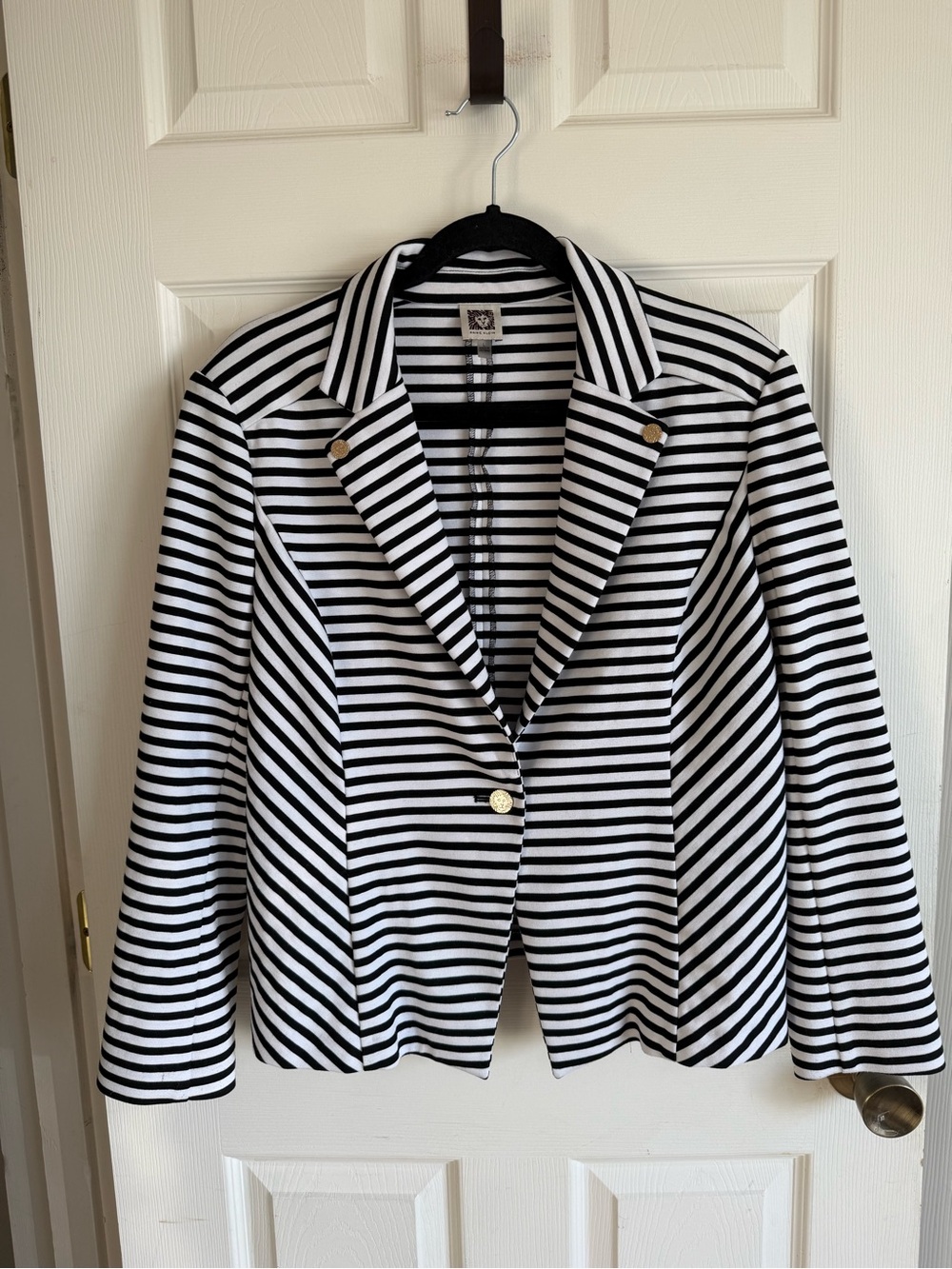 Anne Klein Women’s Black and White Striped Blazer with Gold Colored Buttons.